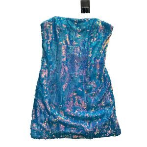Blue Iridescent Sequin Strapless Mini Dress L Mermaid Vacation Club Party NWT